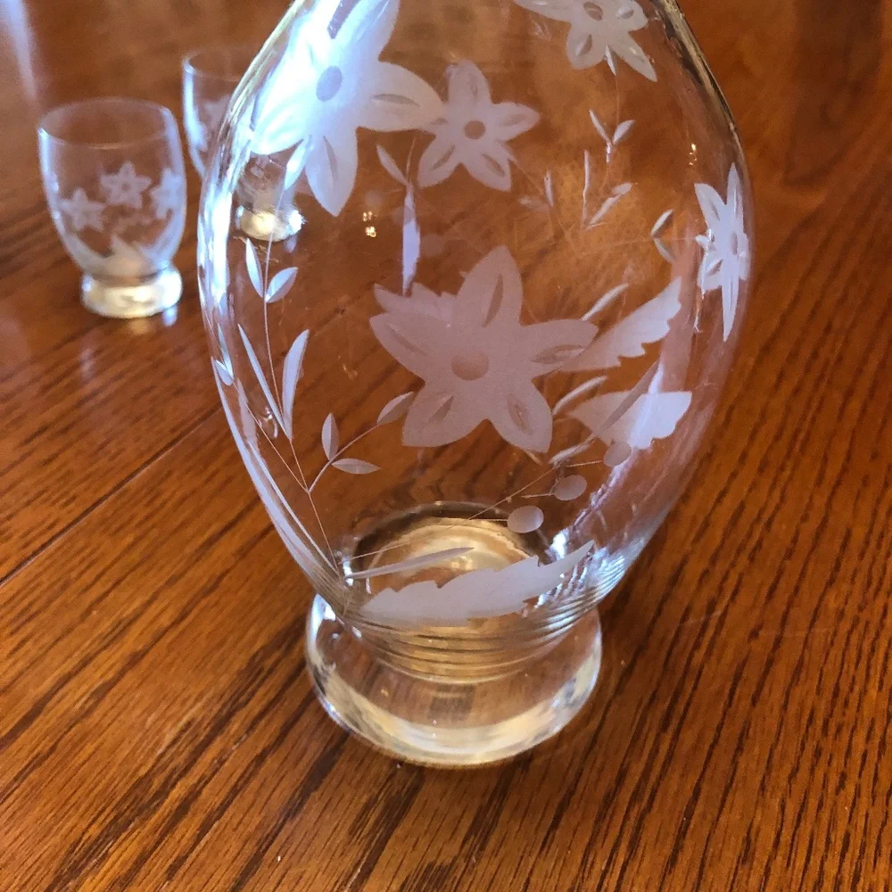 Vintage Clear Glass Etched Decanter and Six Shot Glasses